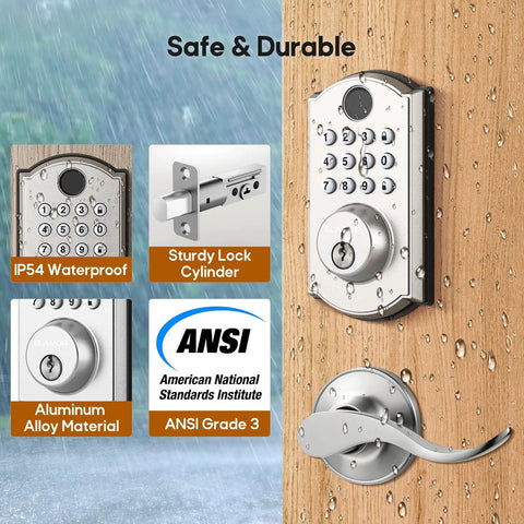 Super Tough Smart Fingerprint Door Lock With Dual Lever Handles Bringing Instant Biometric Scan Entry And Three Backup Keys, showing waterproof features in rain.