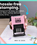 Heavy Duty Date Stamp For Shipping And Expiration Tracking Built Like A Rock With Black Ink And Customizable Mount Colors A Total Office Game Changer That Goes Hard Daily in pink being held over a document.