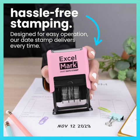 Heavy Duty Date Stamp For Shipping And Expiration Tracking Built Like A Rock With Black Ink And Customizable Mount Colors A Total Office Game Changer That Goes Hard Daily in pink being held over a document.