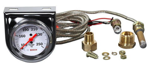 Front view of Bosch SP0F000045 Style Line 2-inch mechanical water/oil temperature gauge with white dial and chrome bezel.