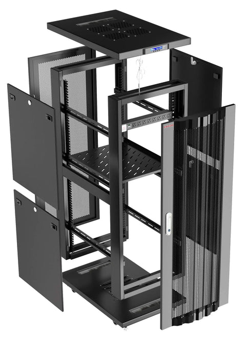Slick 37U Floor Standing Server Rack with 24 Inch Deep Network Cabinet, open view showing mesh doors and interior shelves.