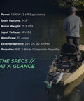 NK300 Electric Kayak Motor With 3HP Boost, specifications overview and kayak on water with fishing gear.