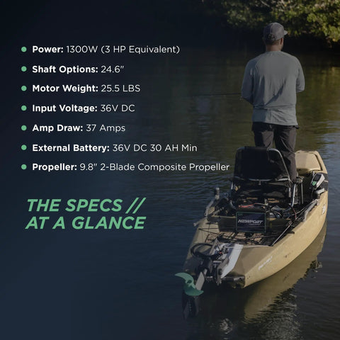 NK300 Electric Kayak Motor With 3HP Boost, specifications overview and kayak on water with fishing gear.