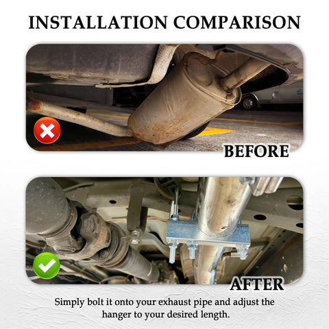 Installation comparison using 2.5 Inch Exhaust Clamp With Hanger For Heavy Duty Support Universal Muffler Hanger Clamp For 2.5 Inch Exhaust Pipe Car Truck SUV Exhaust System Tool Easy Install Automotive Exhaust Hardware, showing before and after results.