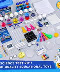 Science Kit For Kids With 120 Hands On Experiments And Scientist Costume Role Play STEM Educational Toy Set displayed on table.