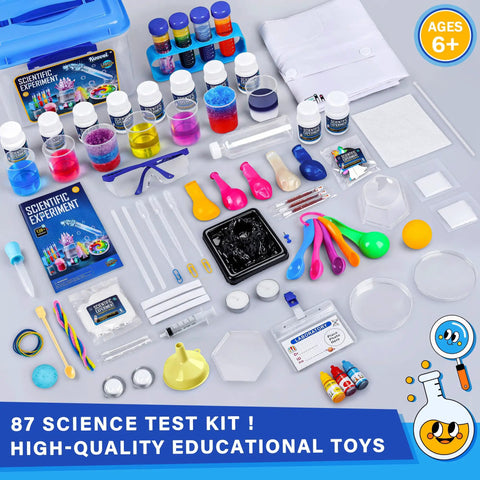 Science Kit For Kids With 120 Hands On Experiments And Scientist Costume Role Play STEM Educational Toy Set displayed on table.