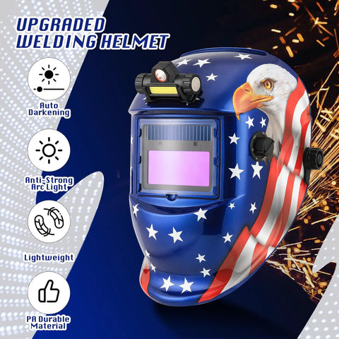 Auto Darkening Welding Helmet With LED Light True Color, Solar Powered Welder Hood, Pro Grade Shade 4/9-13 USA flag design