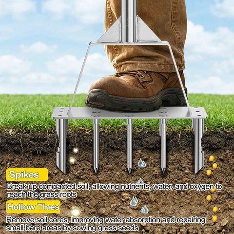 Person using Two In One Lawn Aerator And Core Aerator Tool With Nine Spikes And Six Cores In Stainless Steel for soil aeration
