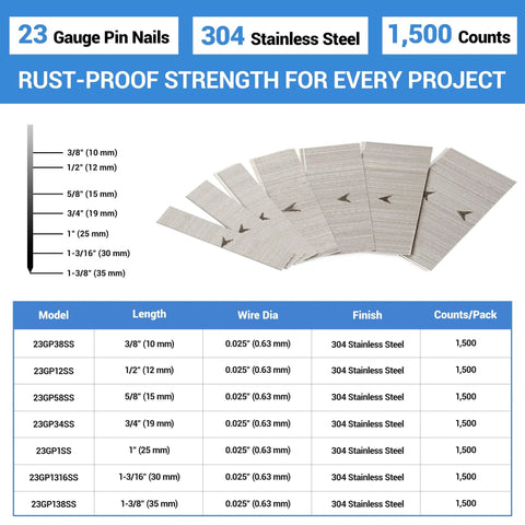 Hella Sturdy Three Eighths Inch 23 Gauge Pin Nails In 304 Stainless Steel Micro Headless Finish Nails For Nail Gun Trim Carpentry And Fine Woodworking Crafts 1500 Piece Pack specifications chart