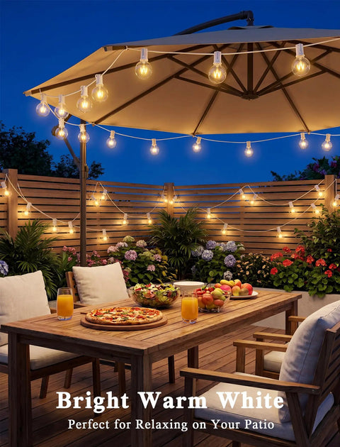 Outdoor String Light Set G40 100 Feet With 105 Edison Glass Bulbs illuminating patio dining area under umbrella