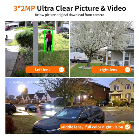 Triple Lens Outdoor Wireless Security Camera Bringing Serious Eyes On Your Property Smooth PTZ Tracking And Bright Color Night Vision Keeping Things Tight Around Your Home Or Farm No Sweat Setup, showcasing left, right, and middle lens views.