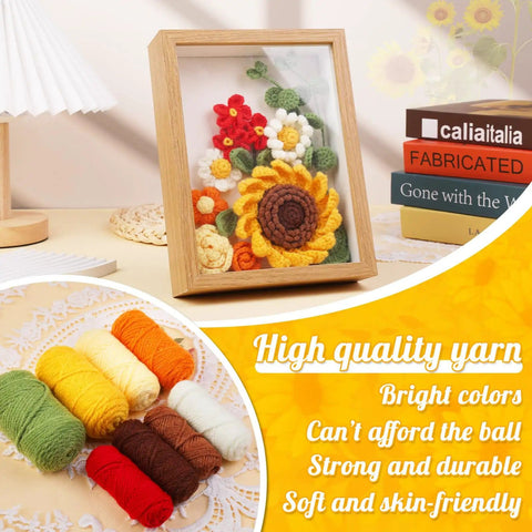 Sunflower Crochet Kit With Photo Frame Easy Diy Fun Flower Craft Set With Yarn Hooks Stitch Markers Floral Wire Fiber Fill Instruction Beginner Friendly Gift For Mothers Day And Thanksgiving displayed on a desk.