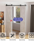 Bi Folding Sliding Barn Door Hardware Kit For Four Doors With Top Mount Track In Black Finish shown in a home setting without doors.