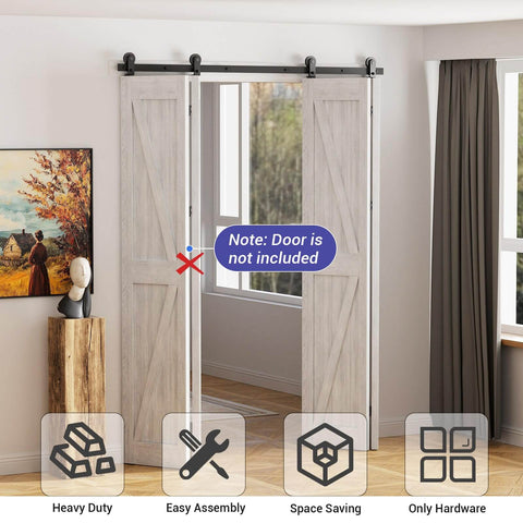 Bi Folding Sliding Barn Door Hardware Kit For Four Doors With Top Mount Track In Black Finish shown in a home setting without doors.