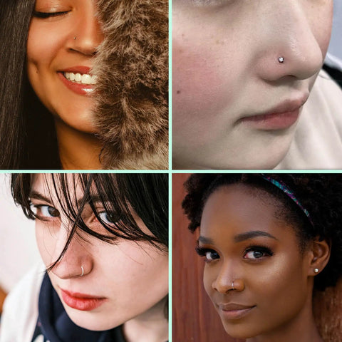 Premium Titanium Corkscrew Nose Studs With Cubic Zirconia Tops, 20g Hypoallergenic Silver Nose Ring Set For Women And Men shown on diverse models.