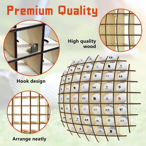 Oak Wood Golf Ball Display Case Wall Mount Rack That Holds Up To Fifty Two Balls With A Modern Grid Design
