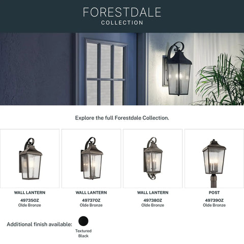 Forestdale 14.75 Inch One Light Outdoor Wall Lantern With Clear Seeded Glass In Olde Bronze Finish, illuminated at night on wall