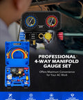 4 Way Automotive AC Manifold Gauge Set With Hoses, Quick Couplers, and Storage Case for Freon Charging and Evacuation Kit