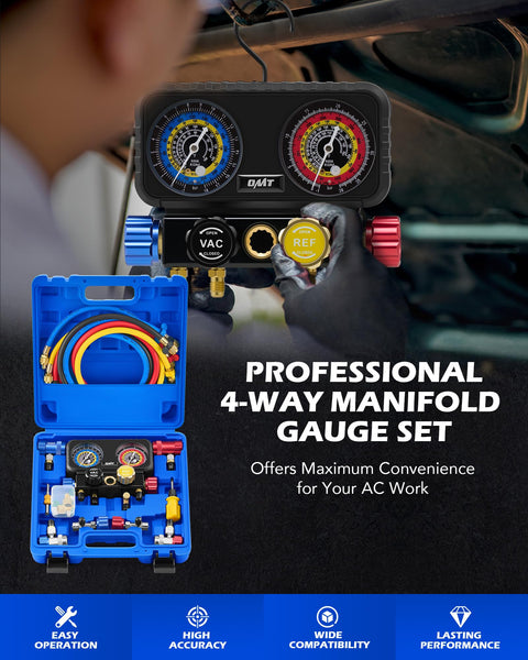 4 Way Automotive AC Manifold Gauge Set With Hoses, Quick Couplers, and Storage Case for Freon Charging and Evacuation Kit
