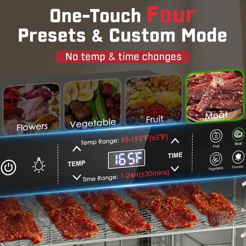 Boss Level 12-Tray Stainless Steel Food Dehydrator With Dishwasher Safe Trays And 800W Digital Panel displaying presets and jerky.