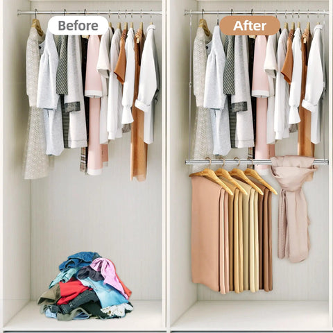 Expandable Dual Closet Rod, Space Saving Wardrobe Extender, Absolute Game Changer Clothes Hanger Bar, Slick Chrome Hanging Organizer 2 Pack For Cramped Closets And Mini Bedrooms