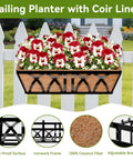 Two Pack 24 Inch Railing Planter Boxes With Coco Liners And Adjustable Brackets For Outdoor Balcony Fence Deck Porch And Garden, Rectangular Window Box Style Planters For Flowers Veggies And Herbs, Weather Resistant And Durable mounted on a white fence.