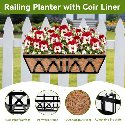 Two Pack 24 Inch Railing Planter Boxes With Coco Liners And Adjustable Brackets For Outdoor Balcony Fence Deck Porch And Garden, Rectangular Window Box Style Planters For Flowers Veggies And Herbs, Weather Resistant And Durable mounted on a white fence.