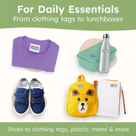 Personalized Name Labels For Kids Featuring Waterproof Custom Stickers on clothing tags, lunchboxes, shoes, and backpacks.