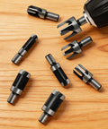 Eight Piece Wood Plug Cutter Drill Bit Set delivering smooth as butter coverage, showing various hex shank designs on wood.