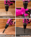 Pink Cordless Drill Kit For Women in use with twist drill, screwdriver, socket set, and tile/glass drill applications.