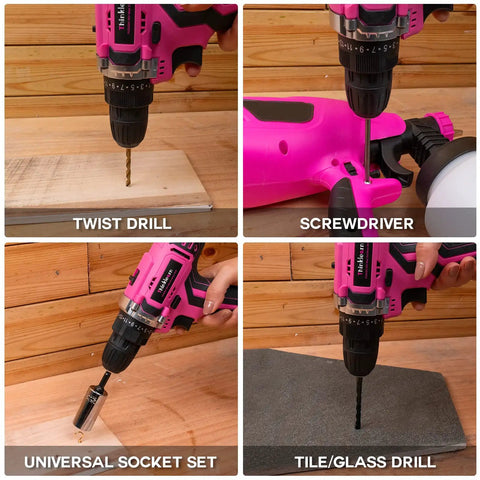 Pink Cordless Drill Kit For Women in use with twist drill, screwdriver, socket set, and tile/glass drill applications.