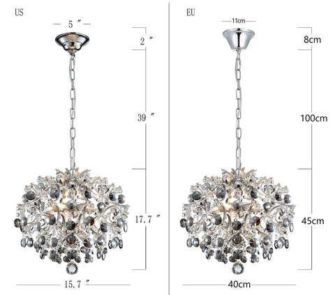 Modern Crystal Pendant Chandelier Ceiling Light For Dining Room Living Room Bedroom And Entryway, US and EU versions shown with dimensions.