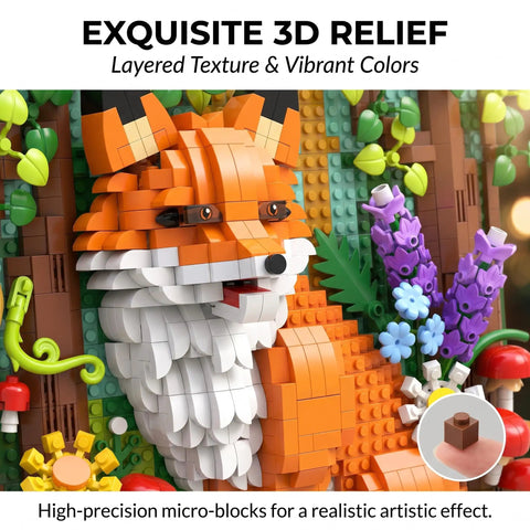 Forest Fox 3D Wall Art Micro Mini Building Blocks Kit With 1539 Pieces, detailed fox face with vivid colors for decoration