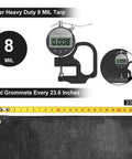Heavy Duty 12x16 Ft Tarp 8 Mil Waterproof With Grommets Every 23.6 Inches showing thickness gauge and grommet placement