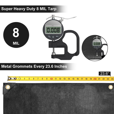 Heavy Duty 12x16 Ft Tarp 8 Mil Waterproof With Grommets Every 23.6 Inches showing thickness gauge and grommet placement