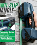 Heavy Duty Electric Handheld Strapping Tool With Rechargeable Battery Digital Control For PP PET Banding Up To 5/8 Inch Wide Bands showing anti-slip handle and buttons.