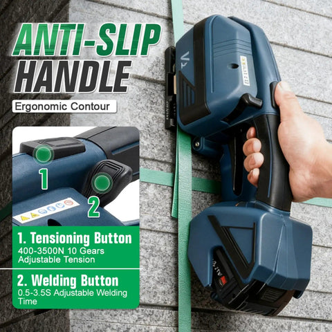 Heavy Duty Electric Handheld Strapping Tool With Rechargeable Battery Digital Control For PP PET Banding Up To 5/8 Inch Wide Bands showing anti-slip handle and buttons.
