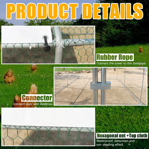 Detailed view of connectors and rubber rope on Walk In Large Metal Chicken Coop With Waterproof UV Cover Farm Ready Outdoor All Weather Galvanized Steel Poultry Pen For Yard Use Durable Run House With Spire Design For Chickens Ducks And Rabbits.