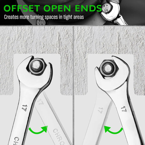 15-Piece Metric Combination Wrench Set With 12-Point Max Torque Open End CR-V Steel 8 To 22Mm Includes Storage Rack Built Tough For Auto Bike And Industrial Use, 17mm offset open-end wrench