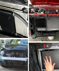 Close-up and installed view of Premium Transmission Cooler Kit for Subcompact to Compact Cars, durable aluminum, space-saving design.