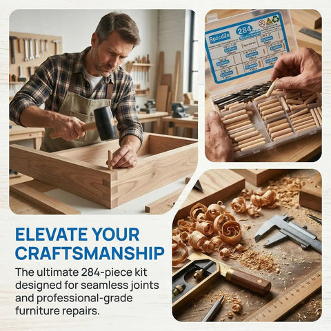 Man using All-In-One 284 Piece Wood Dowel Kit With Eight Sizes And Drill Bits One Quarter Inch Five Sixteenth Inch Three Eighths Inch in workshop