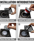 Installation steps for 2 Inch Shower And Floor Drain Seal With Magnetic Backflow Prevention Core Hair Catcher And Automatic Odor Blocking Check Valve For Bathroom Basement And Laundry Room Drains, showing cover removal, core insertion, and hair filter placement.