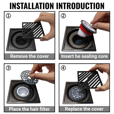 Installation steps for 2 Inch Shower And Floor Drain Seal With Magnetic Backflow Prevention Core Hair Catcher And Automatic Odor Blocking Check Valve For Bathroom Basement And Laundry Room Drains, showing cover removal, core insertion, and hair filter placement.