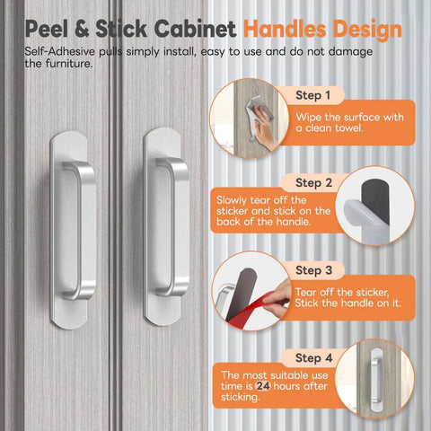 Installation steps for 2 Pack 5.7 Inch Peel And Stick Cabinet Handles No Drill Stick On Pull Handles For Closet Drawer Fridge With Strong Adhesive And Rust Resistant Aluminum Grip Silver.