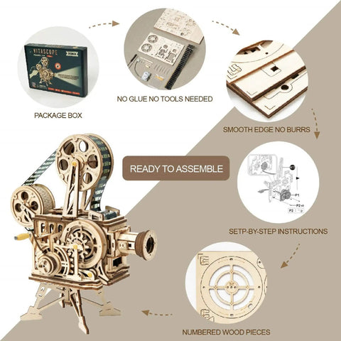 Vitascope 3D Wooden Puzzle Kit For Adults, Mechanical Model Building Set with box, instructions, and assembly details
