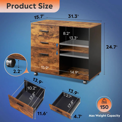 Three Drawer Mobile File Cabinet With Open Shelves, Wood Lateral Filing Cabinet And Printer Stand For Home Office dimensions