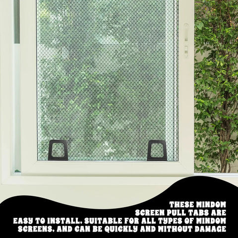 30 Piece Tough As Nails Black Plastic Window Screen Pull Tabs For Universal Spline Channel Repair Zero Headache Screen Frame Replacement Kit With Slick Grip And Breezy Homeowner Repair Solution attached to window screen.