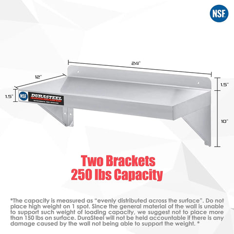 Stainless Steel Wall Shelf 24 Inch Wide by 12 Inch Deep, Heavy Duty Beefed Up Commercial Grade Storage, NSF Certified