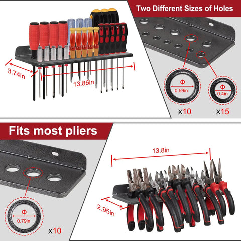Heavy Duty Screwdriver Organizer Wall Mount Rack Set Four Pack for garage and workshop, showing tool placement and dimensions.