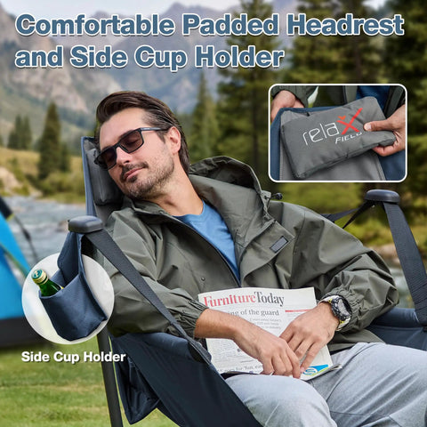 Man relaxing in Hammock Camping Chair With Adjustable Backrest And Pillow Cup Holder, Heavy Duty 350 Lbs Oversized Swinging Chair